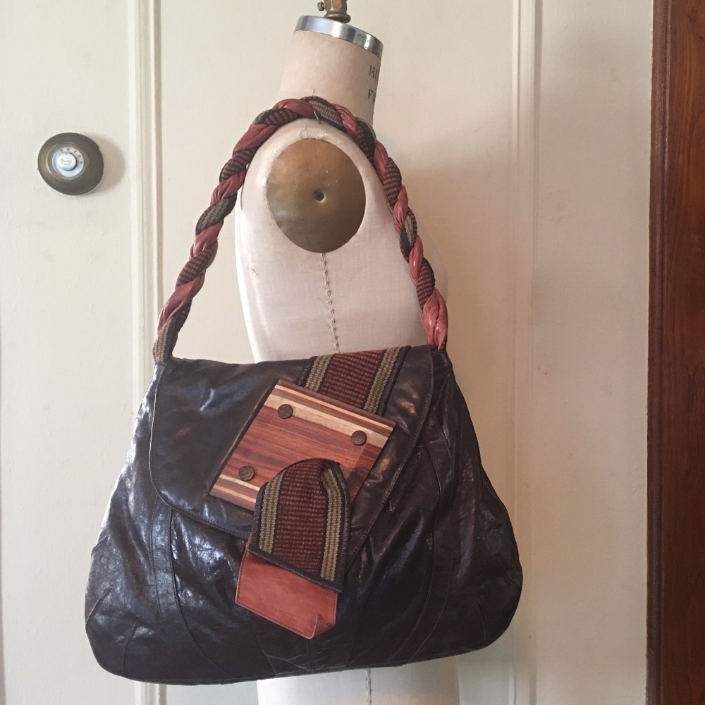 LIMON PIEL Brown Leather Fabric Wood Shoulder Bag